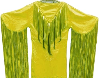 Women's Handmade Yellow Color Leather Long Fringes Beaded Fringes Powwow Regalia Wedding Dress