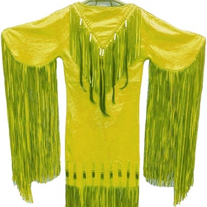 Women&#39;s Handmade Yellow Color Leather Long Fringes Beaded Fringes Powwow Regalia Wedding Dress