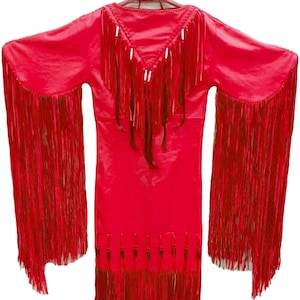 Red Leather Fringed Wedding Dress: Beaded Powwow Regalia