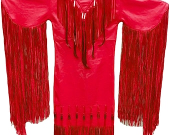 Custom Red Leather Dress, Long Fringe Powwow Regalia, Native Inspired Western Boho Bridal Gown