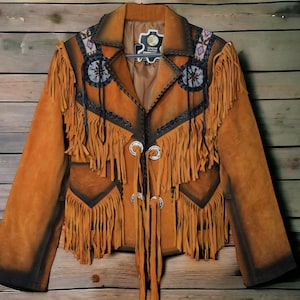 Veste en cuir de cowboy, veste de cowboy western en daim à franges pour homme, veste en cuir amérindien avec perles