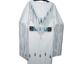 Handmade White Leather Fringe Dress: Beaded Pow Wow Regalia - Etsy