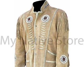 Men&#39;s Suede Leather Western Jacket: Cowboy Fringe Beaded Shirt