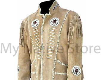 Men's Western Wear Real Soft Suede Leather Cowboy Fringe Shirt Style Native American Jacket with handmade Beaded