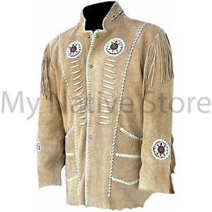 Veste western pour hommes en cuir véritable souple avec franges de cow-boy, chemise à franges, veste amérindien avec perles faites main - Camisa Ante Nativo