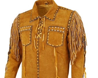Men&#39;s Suede Leather Western Cowboy Shirt with Fringes