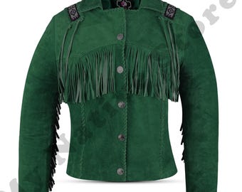 Chaqueta de gamuza verde con flecos: abrigo bohemio estilo vaquero occidental para mujer