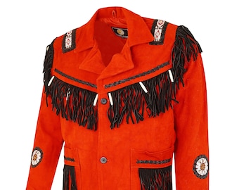 May include: A bright orange suede jacket with black fringe and leather accents. The jacket has a button closure and two pockets. The jacket is decorated with Native American inspired embroidery.