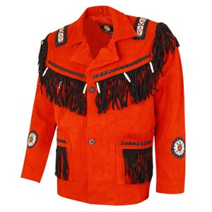 Veste en cuir de cow-boy western en daim pour homme avec franges - Rouge et noir, Chaqueta de cuero de gamuza americana vaquera occidental