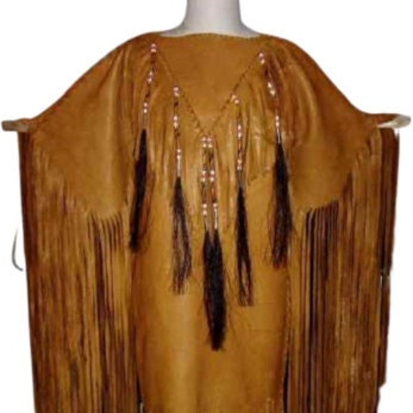 women,s tan leather  long fringes   powwow regalia  wedding dress