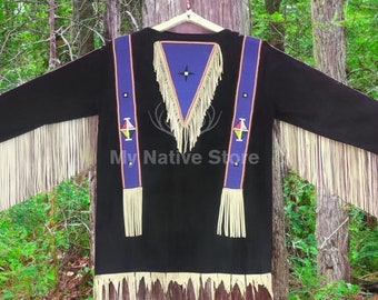 May include: Black long-sleeve shirt with fringed sleeves and hem. The shirt features blue and white decorative accents, including a triangle design at the neckline and vertical stripes with geometric patterns. The text "My Native Store" is visible.