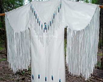 Handmade White Leather Fringed Dress: Beaded Powwow Regalia