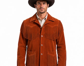 Herren-Westernjacke aus braunem Wildleder mit Fransen, Echtleder-Cowboymantel, Ranch-Mantel, Vintage-Rodeo-Oberbekleidung
