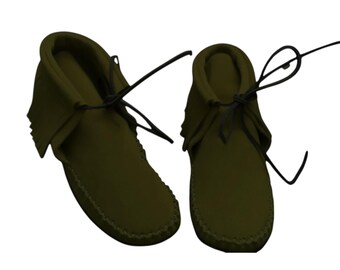 Handmade Olive Green Leather Moccasin Boots: Fringe Ankle Shoes