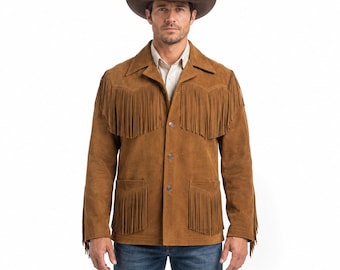Men's Tan Brown Suede Fringe Jacket Western Cowboy Coat Handmade Leather Rodeo Costume Gift