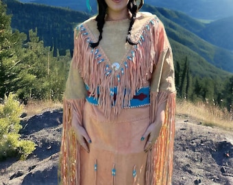 Women's Beige Leather Long Fringes Beaded Belt  wedding dress Powwow Regalia