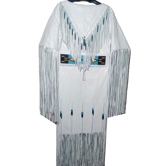 Handmade White Leather Fringe Dress: Beaded Pow Wow Regalia