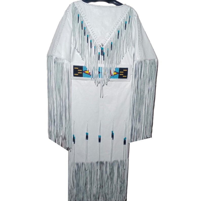 Women's White Leather Long Fringes Beaded Wedding Dress Powwow Regalia, Vestido de cuero Powwow Regalia para mujer