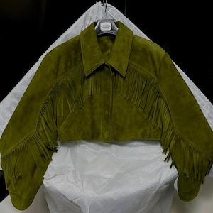Chaqueta corta verde oliva: abrigo bohemio estilo vaquera occidental de los años 70, chaqueta de ante con flecos