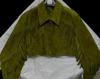 Olive Green Cropped Jacket: 70s Western Cowgirl Boho Coat, Suede Fringes Jacket