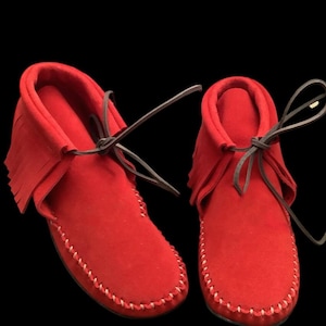 Handmade Red Suede Moccasin Boots | Fringe Soft Sole Ankle Shoes | Native Style Leather Booties | Men Women Unisex Custom Footwear