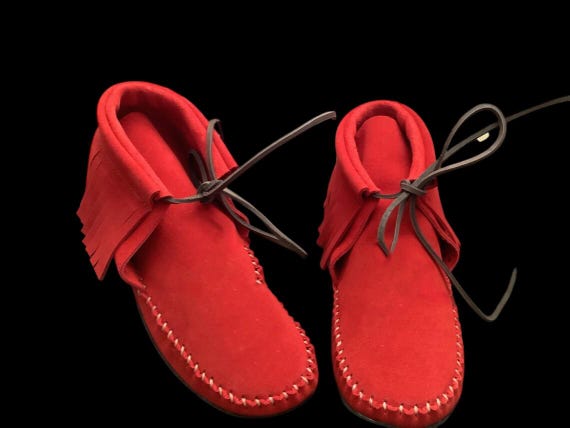 Handmade Red Suede Moccasin Boots: Fringe Ankle Booties