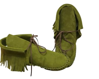 Handmade Green Suede Moccasins: Fringe Ankle Boots, Soft Sole