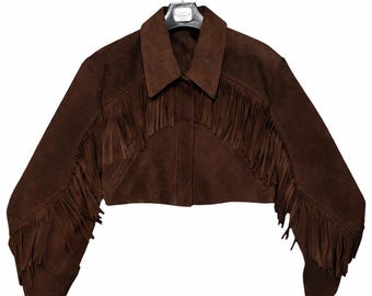 Dark Brown Suede Fringe Cropped Jacket, Western Boho Leather Tassel Coat Women