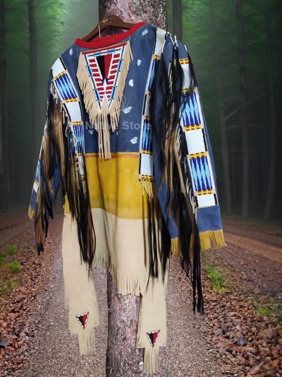 Handmade Buckskin War Shirt: Beaded Fringes, Powwow Regalia