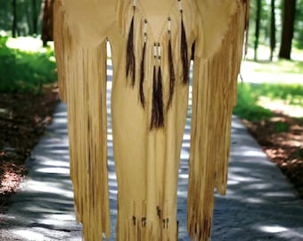 Damen Tan Leder Lange Perlen Fransen Powwow Regalia Brautkleid