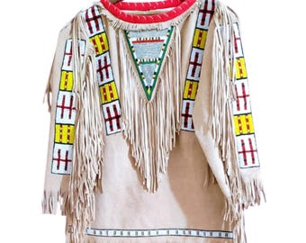 Handmade Suede Leather War Shirt: Beaded Fringe Powwow Regalia