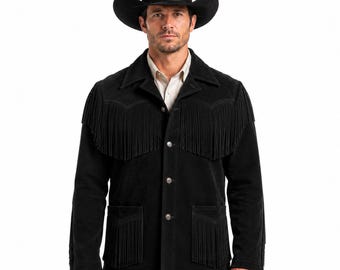 Schwarze Herren-Westernjacke aus echtem Wildleder mit Fransen – Cowboy-, Ranch-, Rodeo- und Festivalbekleidung – Geschenk