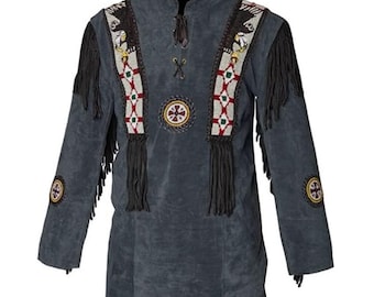 Men’s Suede Leather Jacket with Beads & Fringe | Western Cowboy Native Style Coat