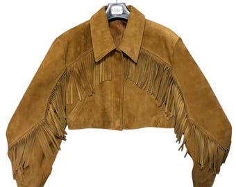 Tan Suede Fringe Cropped Jacket: 70s Western Cowgirl Boho Coat