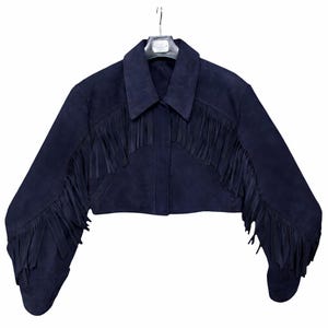 Navy Blue Suede Fringe Jacket Cropped Western Boho Cape Style Statement Festival Outfit Women