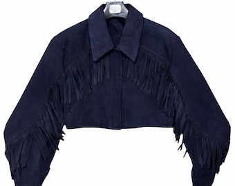 Navy Blue Suede Fringe Jacket Cropped Western Boho Cape Style Statement Festival Outfit Women