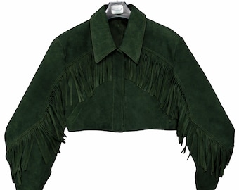 Dark Green Suede Fringe Cropped Jacket Western Boho Leather Women Statement Outfit Festival Style