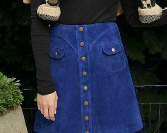 Women Suede Skirt - Mini Skirt Blue Snap Front Closure A-Line Soft Suede Leather Skirt - High Waist Skirt