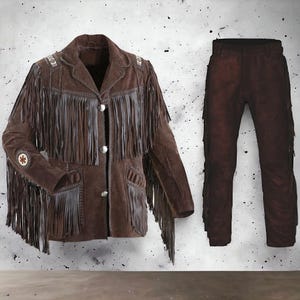 Cowboy Suede Jacket-Men&#39;s Old Western Cowboy Brown Suede Leather Fringes Beaded Native Jacket & Pant-Native Suede Pant
