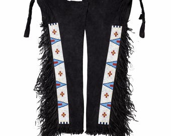 Handmade Beaded Suede Chaps Leggings Native Style Fringe Genuine Leather Festival Western Wear Boho