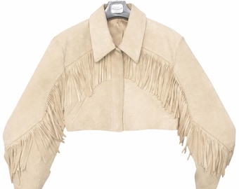 Beige Suede Fringe Jacket Women Cropped Western Boho Cowboy Statement Coat