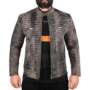 May include: A gray distressed leather motorcycle jacket with a zipper closure and two pockets on the front.