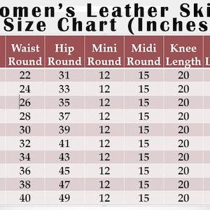 K&ouml;nnte beinhalten: Gr&ouml;&szlig;entabelle f&uuml;r Lederrock f&uuml;r Damen, mit Ma&szlig;en in Zoll. Die Tabelle enth&auml;lt Taillen-, H&uuml;ft-, Mini-, Midi-, Kniel&auml;nge- und Gesamtl&auml;ngenma&szlig;e f&uuml;r die Gr&ouml;&szlig;en XXS bis 5XL.