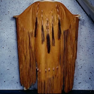 Fringed Tan Leather Powwow Dress: Beaded Native Wedding Regalia