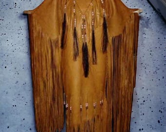 Women&#39;s tan leather long fringes powwow regalia wedding dress - Native Indians Leather Dress