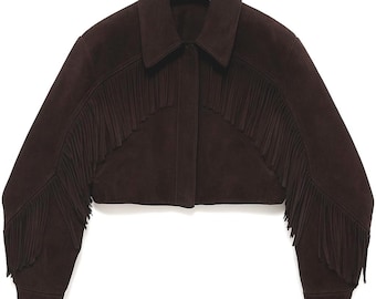 Dark Brown Suede Fringe Cropped Jacket: 70s Western Cowgirl Boho Coat