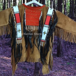 New Old Style Handmade Buckskin Buffalo Indian Beaded Fringes Men Powwow Regalia War Shirt