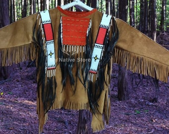 New Old Style Handmade Buckskin Buffalo Indian Beaded Fringes Men Powwow Regalia War Shirt