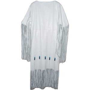 Women's White Leather Long Fringes Beaded Wedding Dress Powwow Regalia, Vestido de cuero Powwow Regalia para mujer