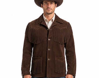 Mens Cowboy Suede Fringe Jacket Western Rodeo Ranch Coat Brown Genuine Leather Country Outerwear